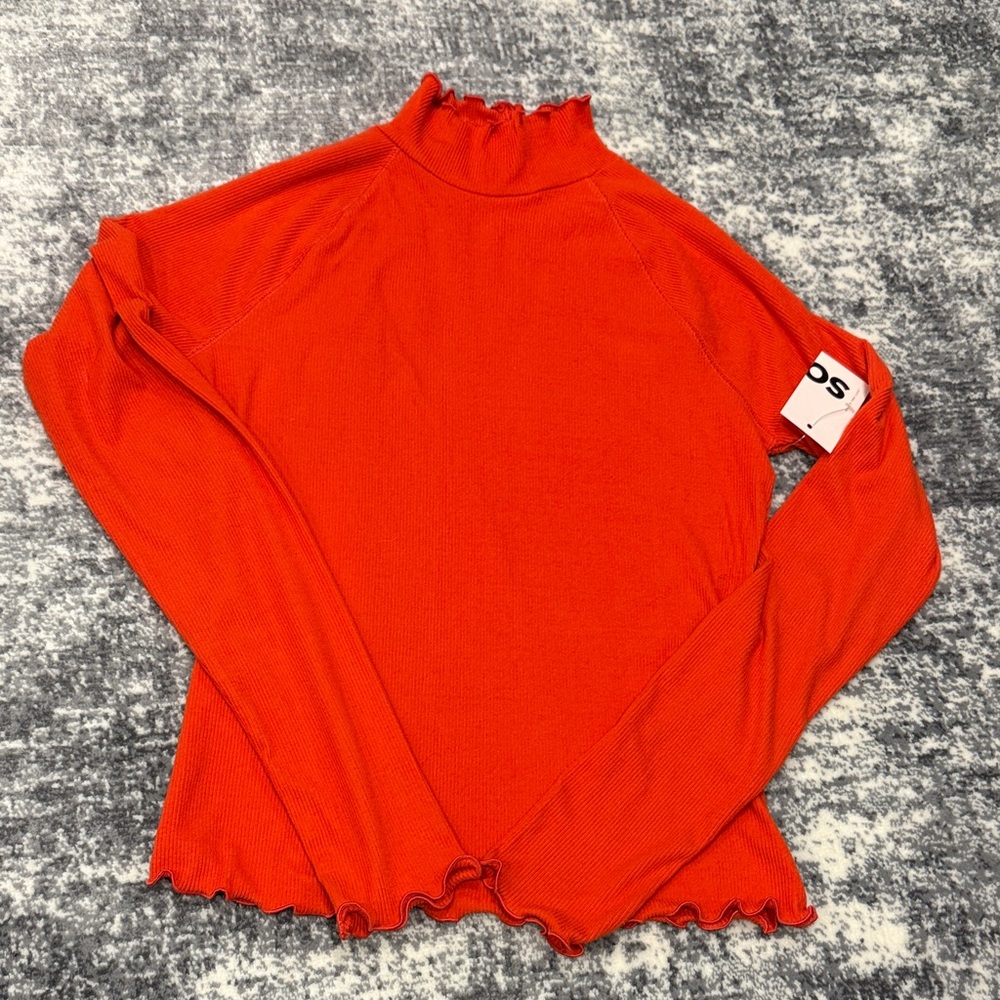 Orange Ribbed Lettuce Trim Women's Top